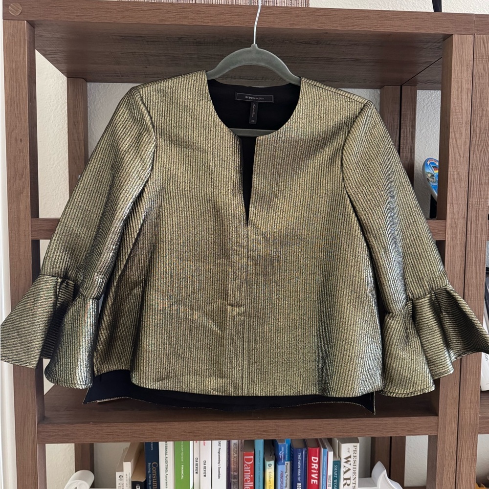 BCBGMaxAzria Gold Metallic Peplum Flare Sleeve Top